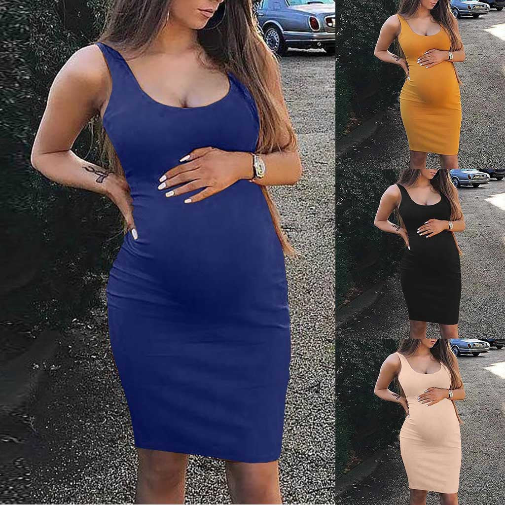 Pregnant woman in a sleeveless bodycon maternity midi dress with scoop neck, shown in several colors