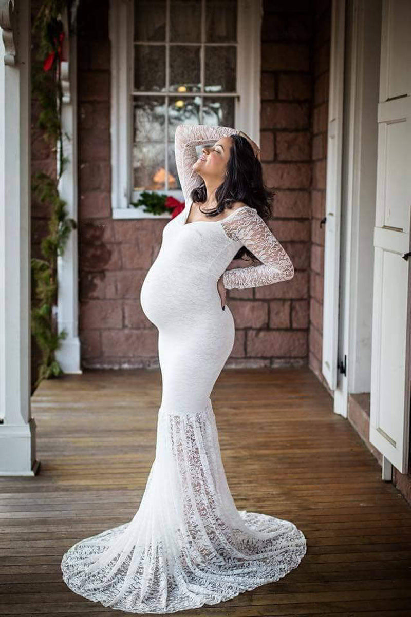 Off-shoulder lace mermaid maternity gown with train, photo 4