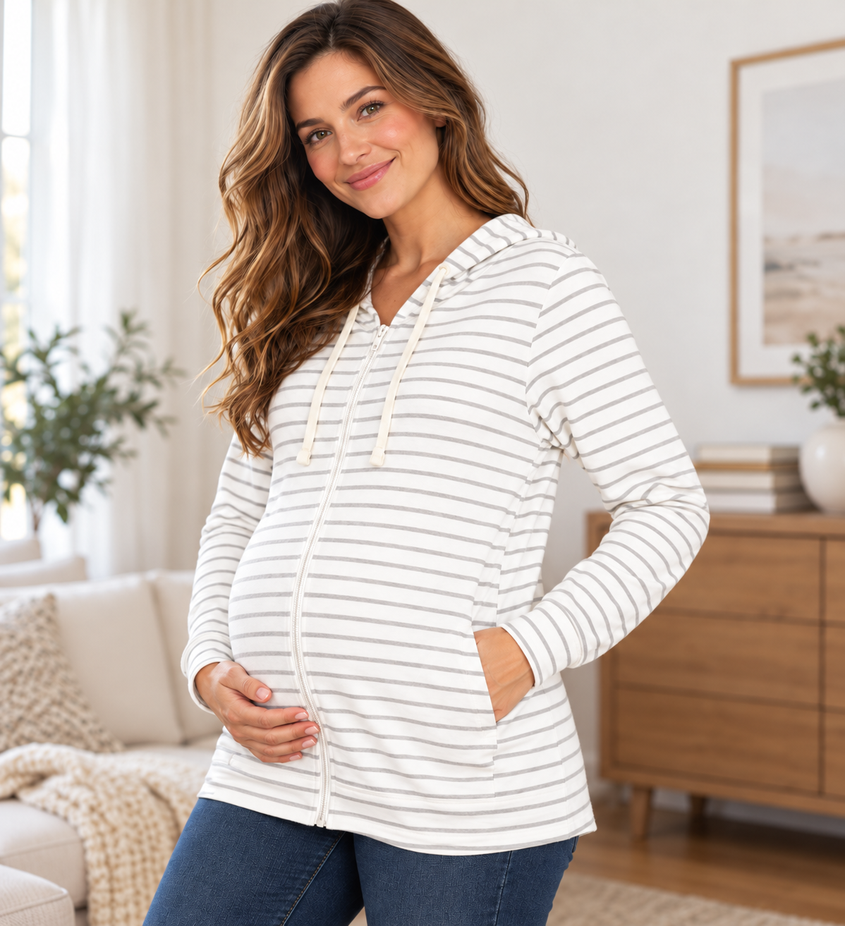 Striped Maternity Zip-Up Hoodie with Drawstring Hood