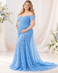 Lace Maternity Photoshoot Gown with Train and Cap Sleeves