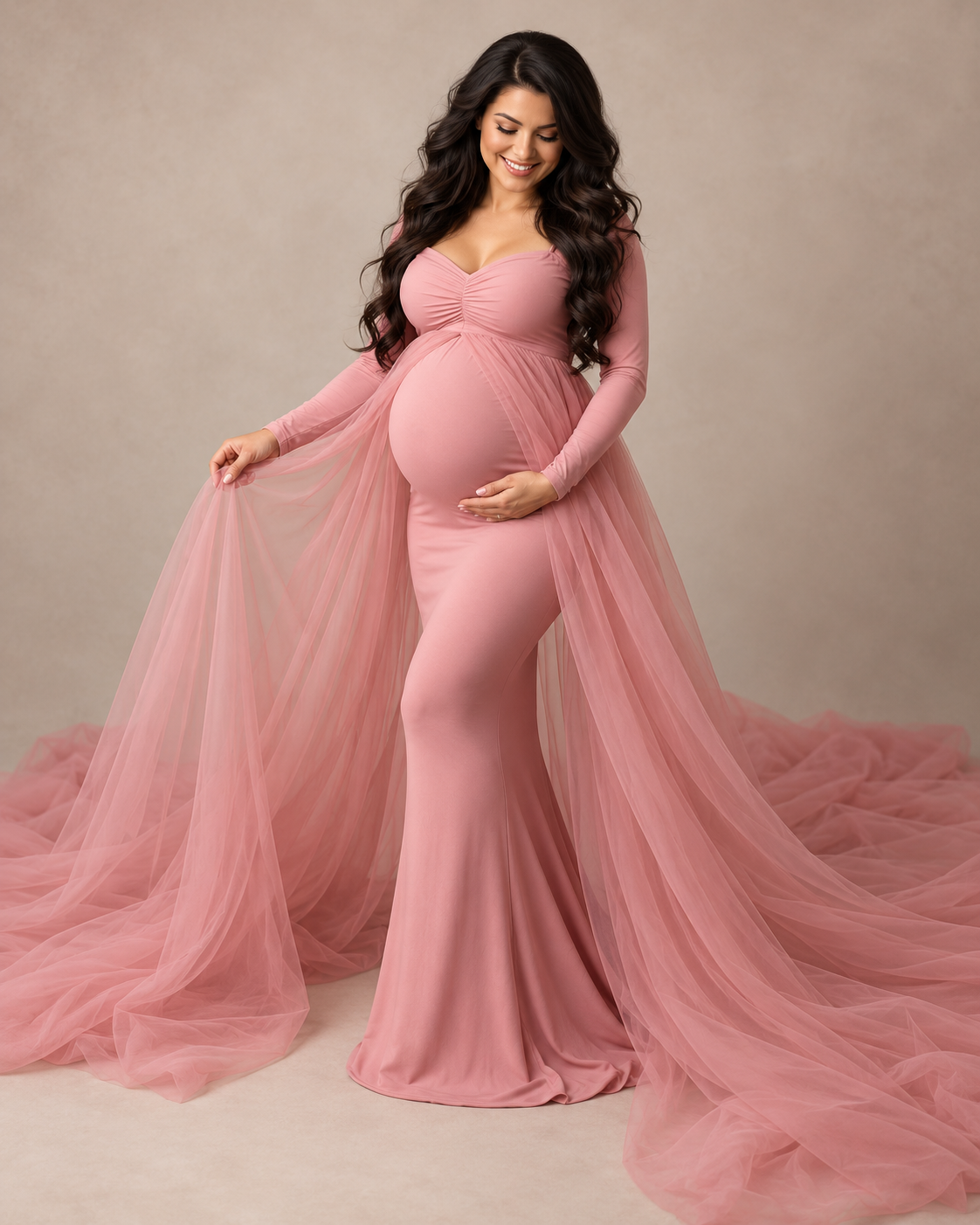 Long Sleeve Maternity Photoshoot Gown with Sheer Split Train