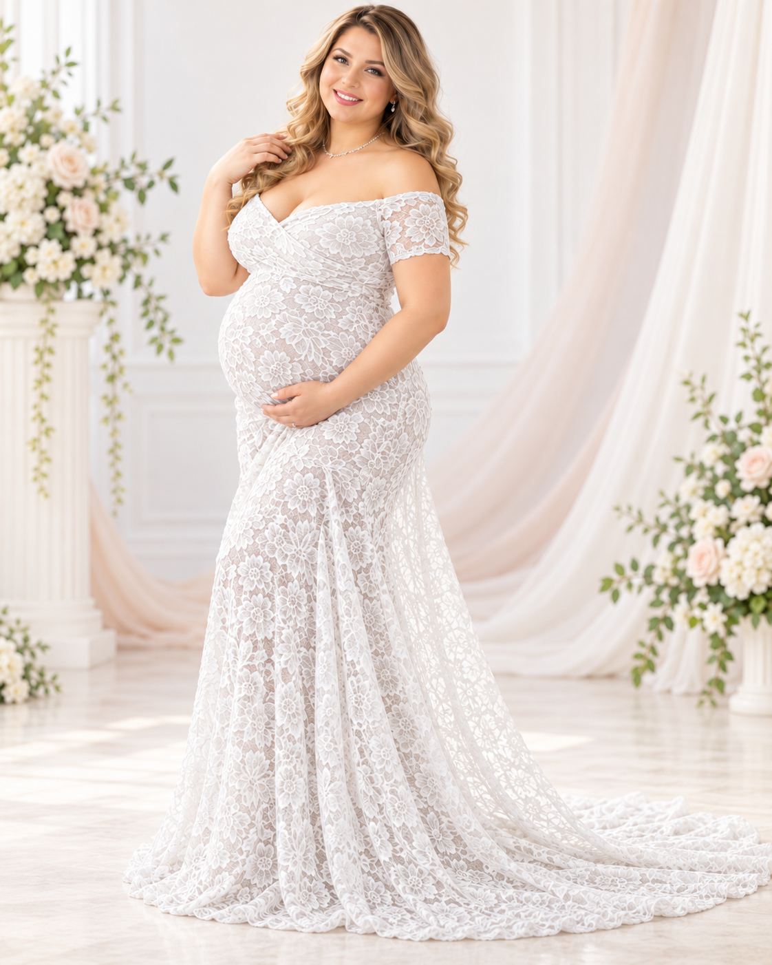 Lace Maternity Photoshoot Gown with Train and Cap Sleeves