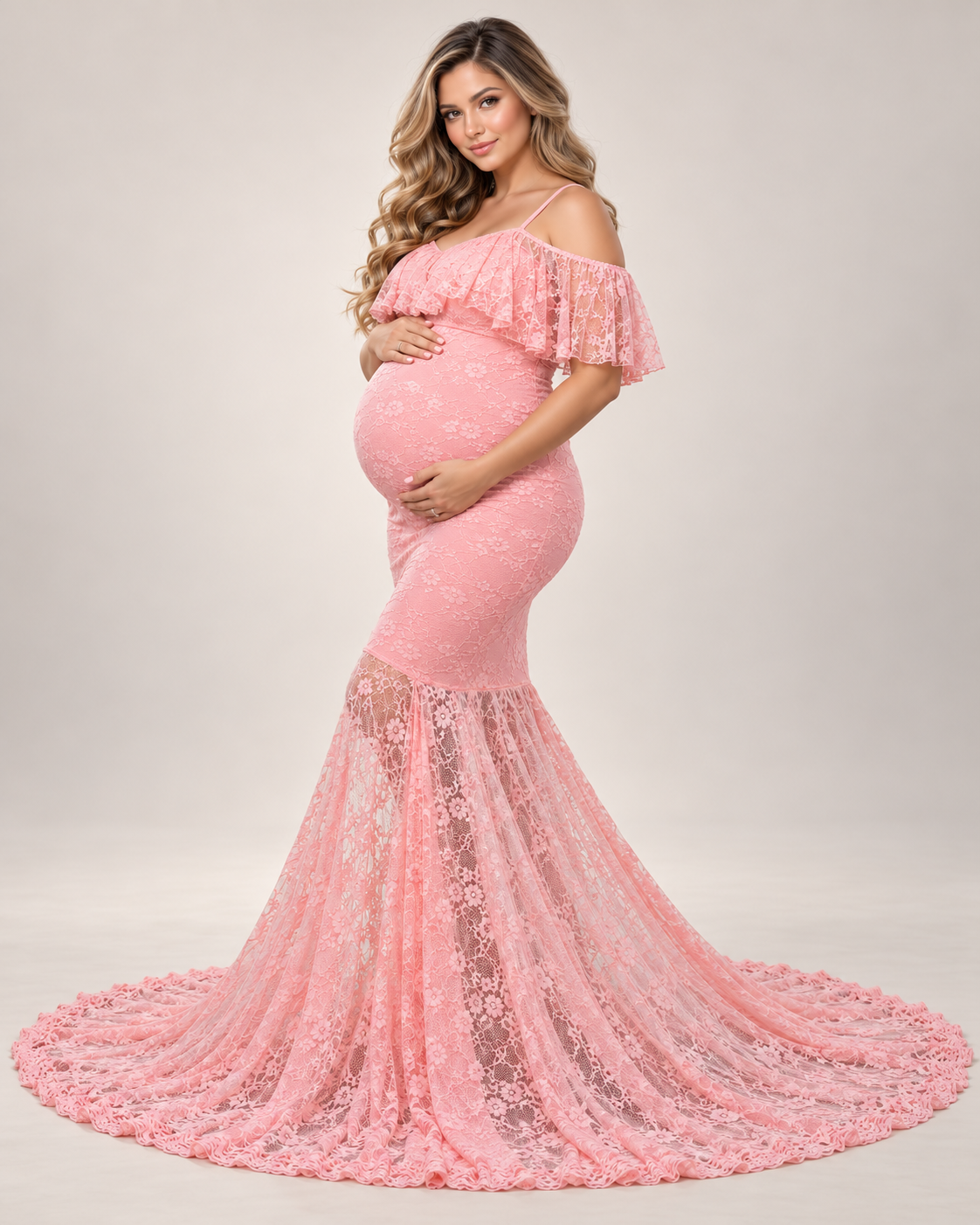 Elegant Blush Lace Maternity Dress in pink