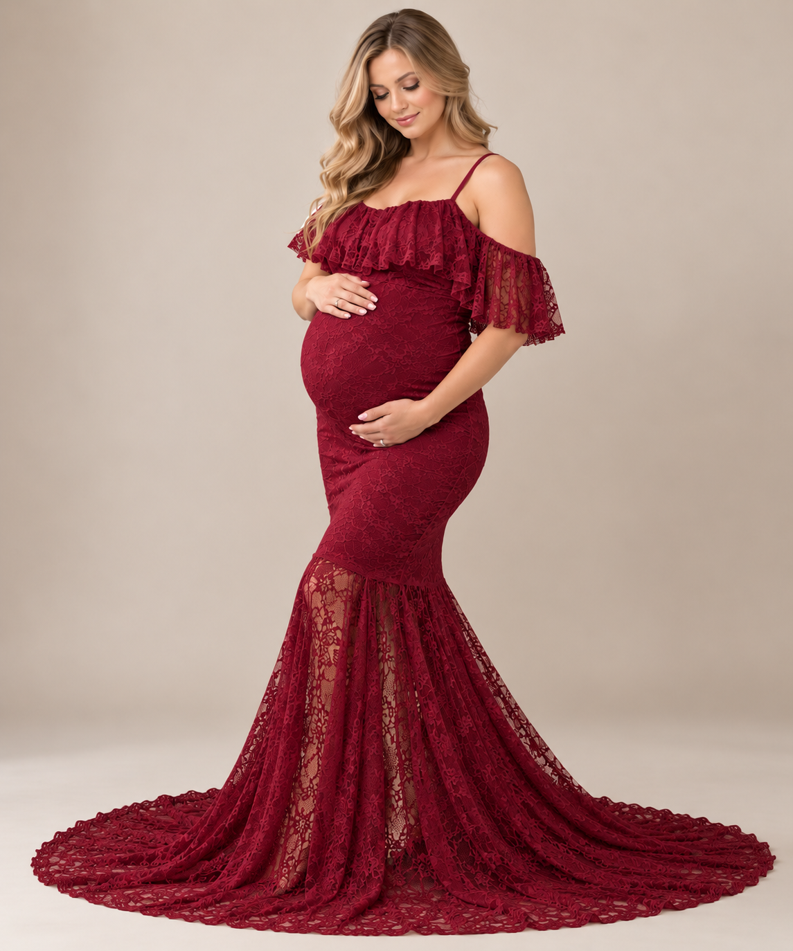 Elegant Blush Lace Maternity Dress in Red Wine