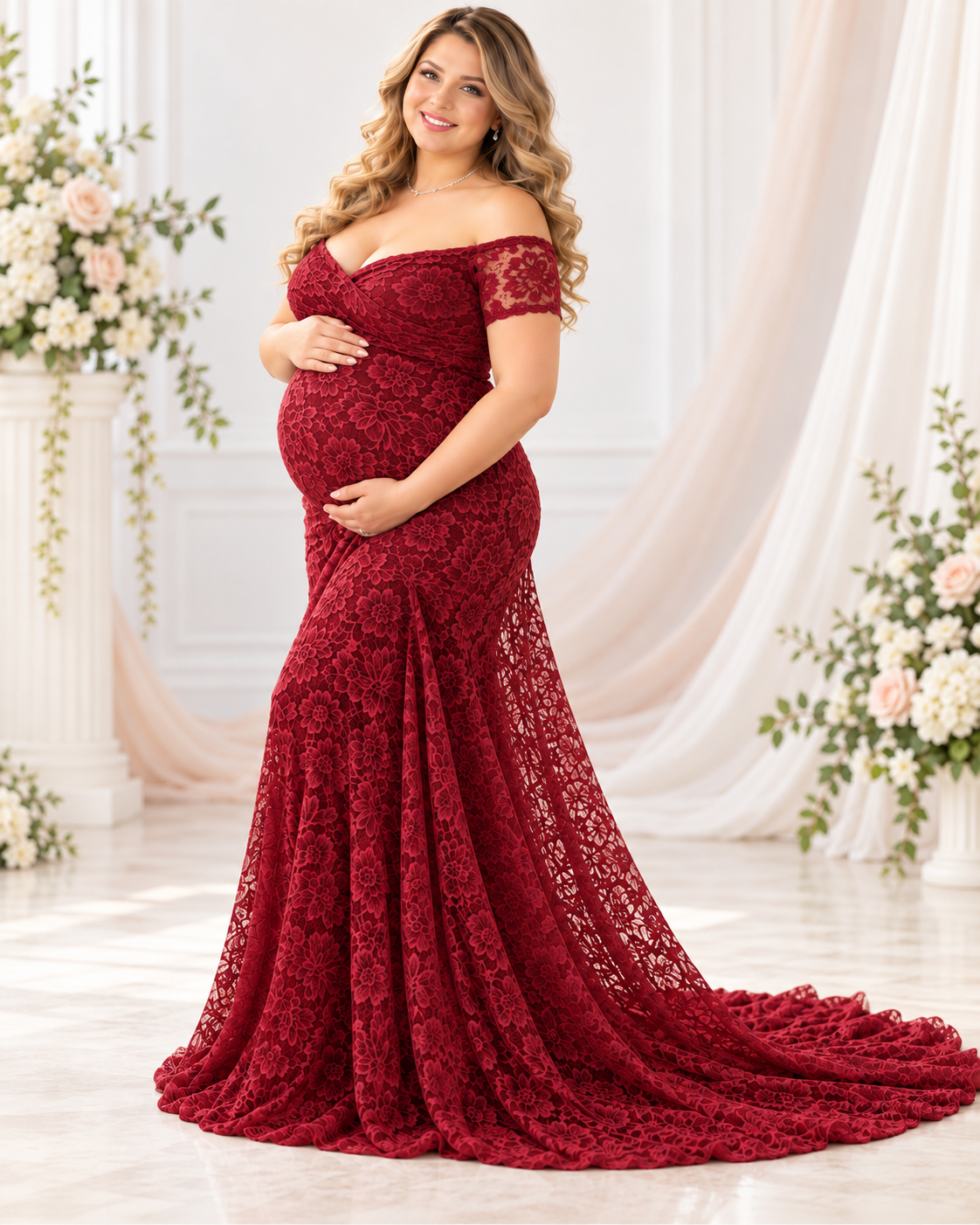 Lace Maternity Photoshoot Gown with Train and Cap Sleeves