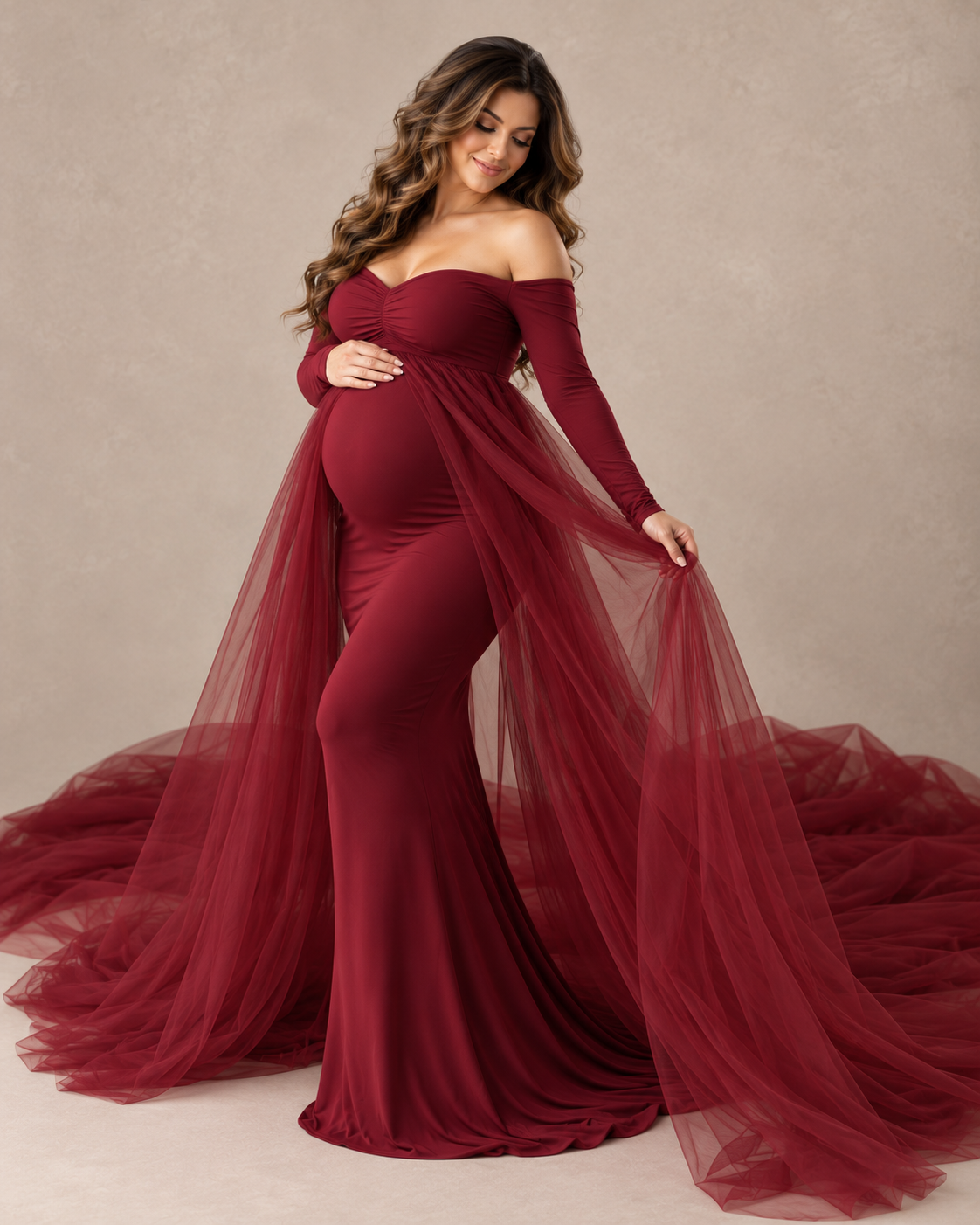 Long Sleeve Maternity Photoshoot Gown with Sheer Split Train