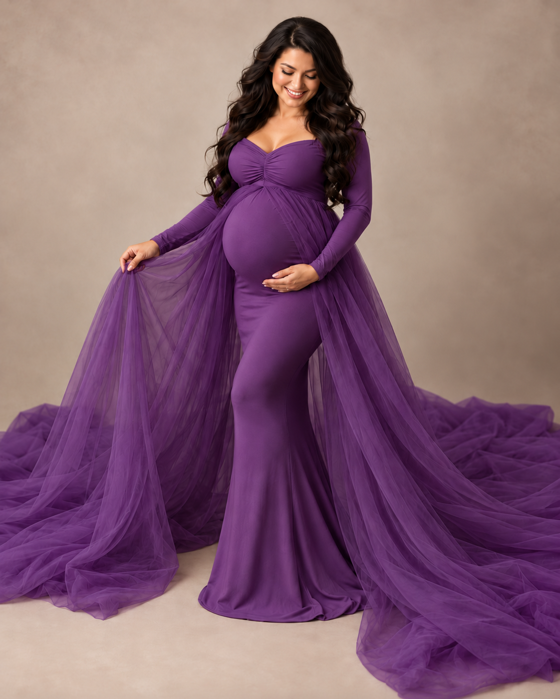 Long Sleeve Maternity Photoshoot Gown with Sheer Split Train