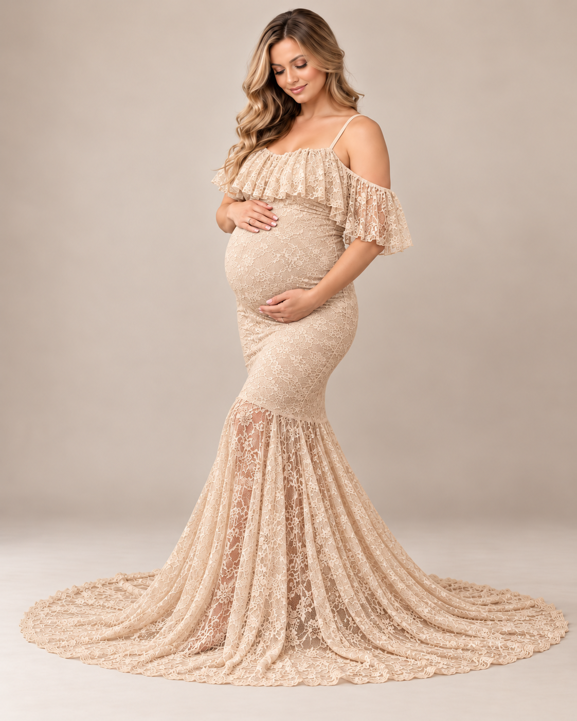 Elegant Blush Lace Maternity Dress in beige