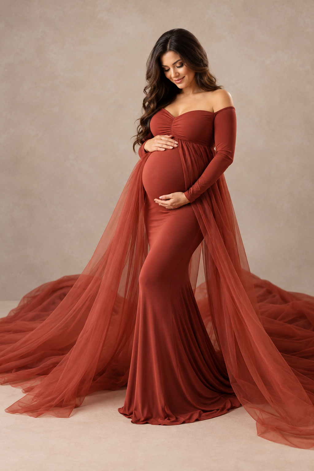 Long Sleeve Maternity Photoshoot Gown with Sheer Split Train