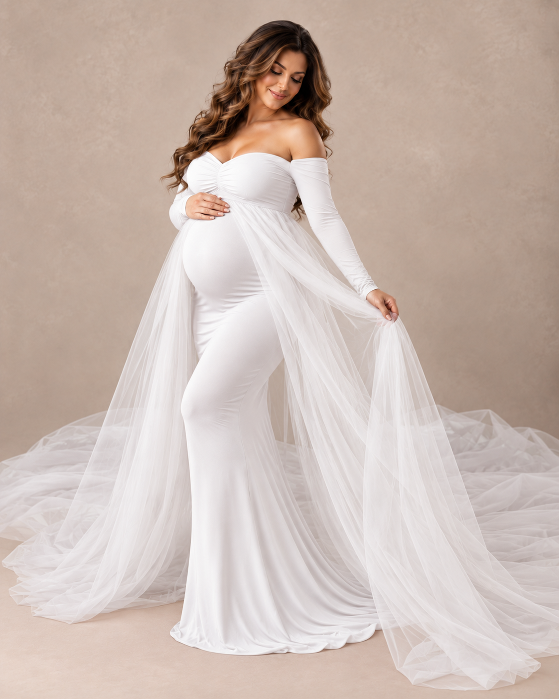 Long Sleeve Maternity Photoshoot Gown with Sheer Split Train