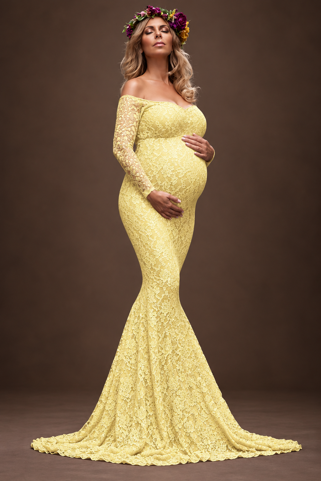 Off-shoulder lace mermaid maternity gown in cream