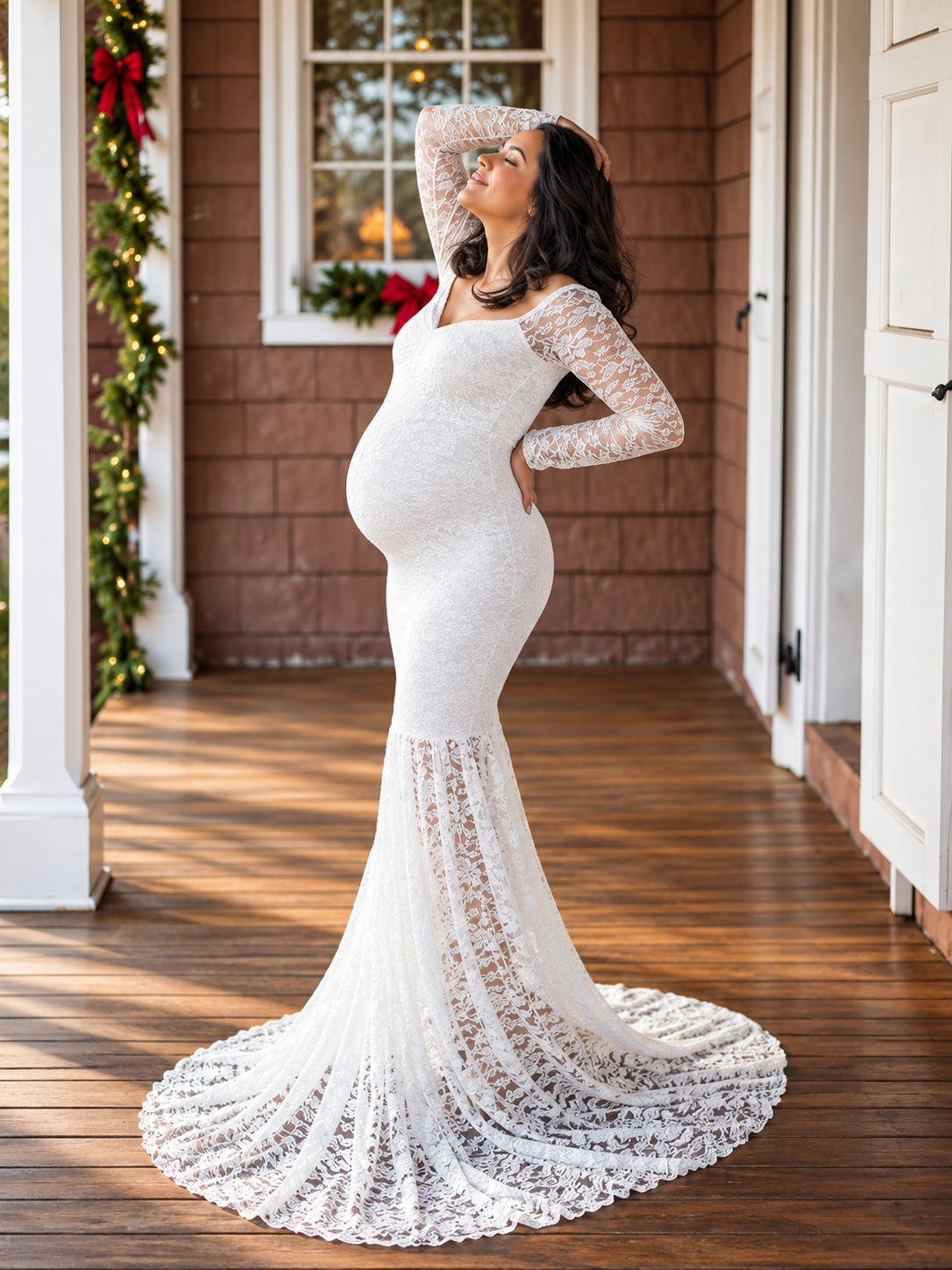 Off-shoulder lace mermaid maternity gown in white