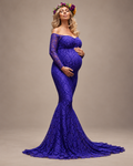Off-shoulder lace mermaid maternity gown in blue