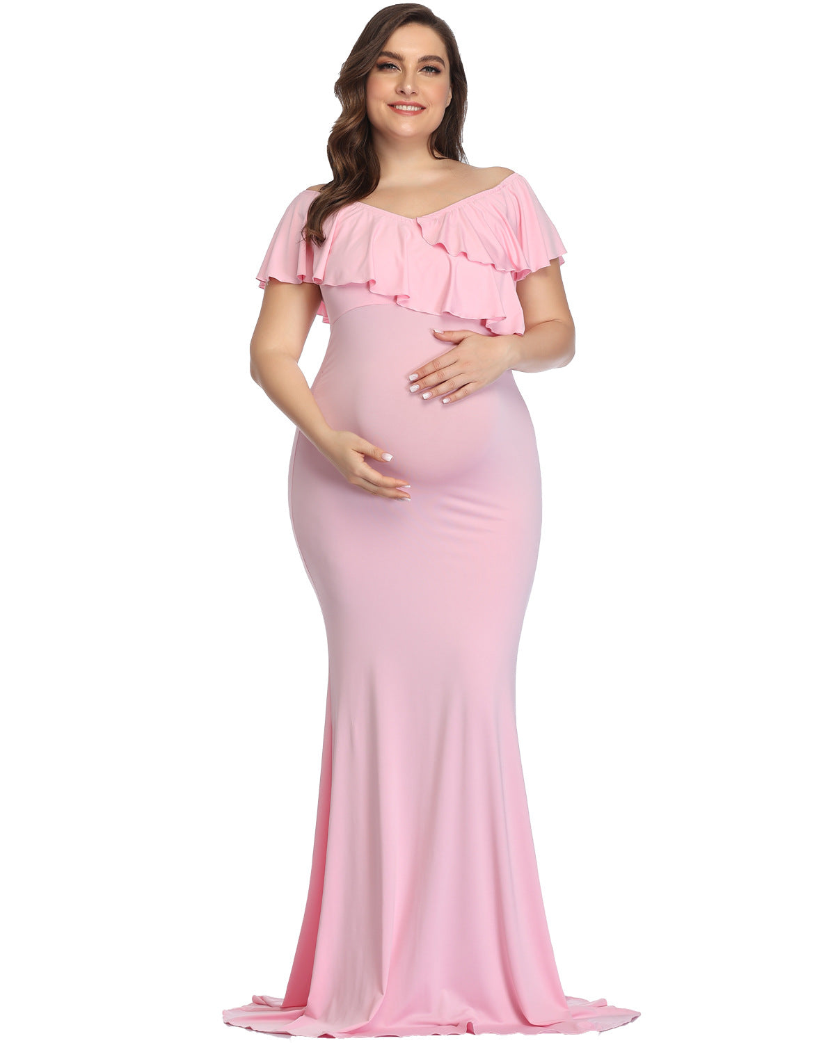 Ruffle V-Neck Maternity Mermaid Gown in pink