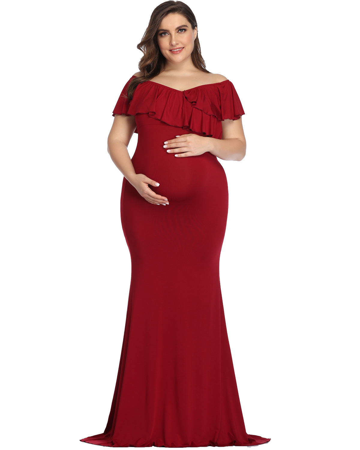 Ruffle V-Neck Maternity Mermaid Gown in red