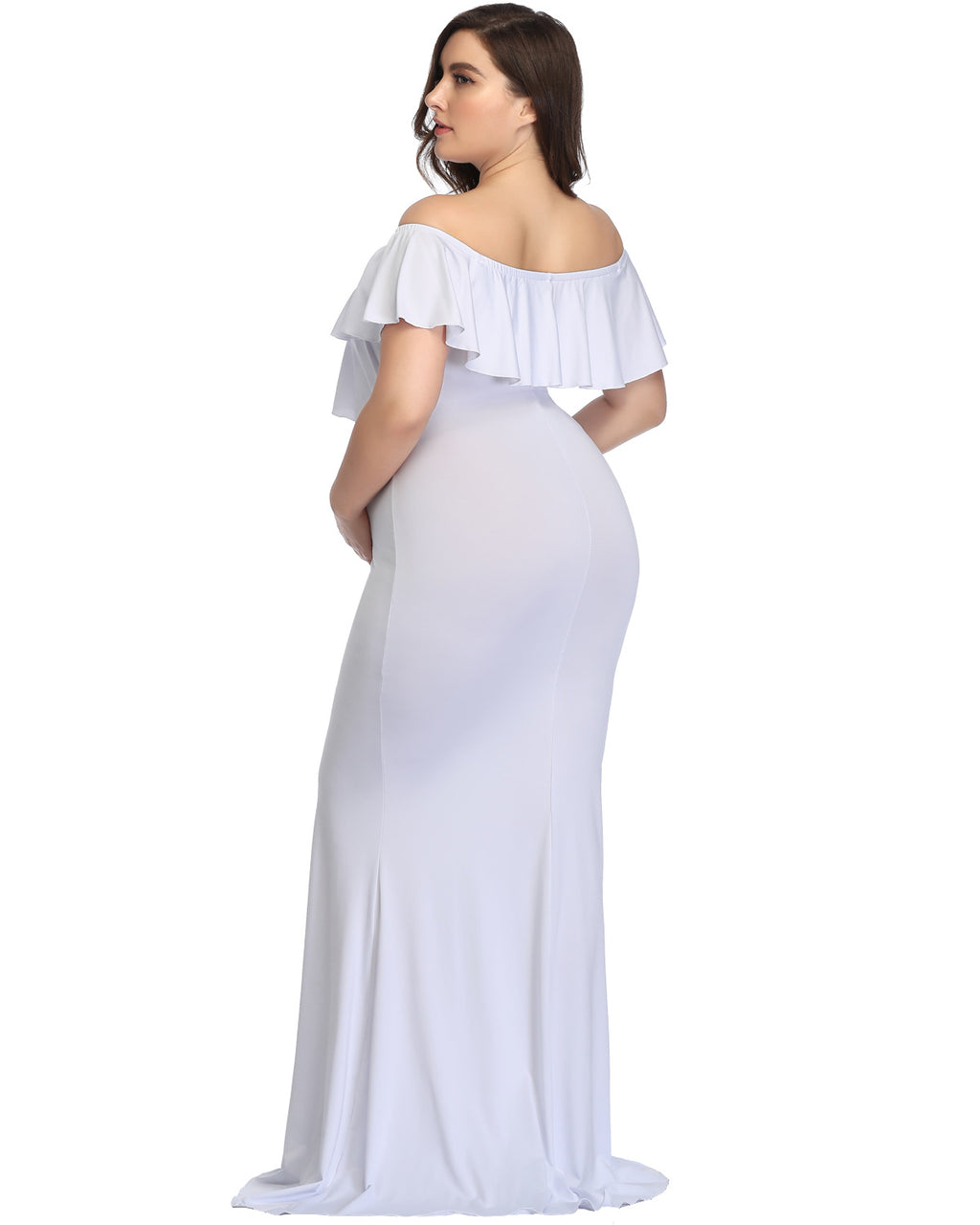 Ruffle V-Neck Maternity Mermaid Gown in white back angle