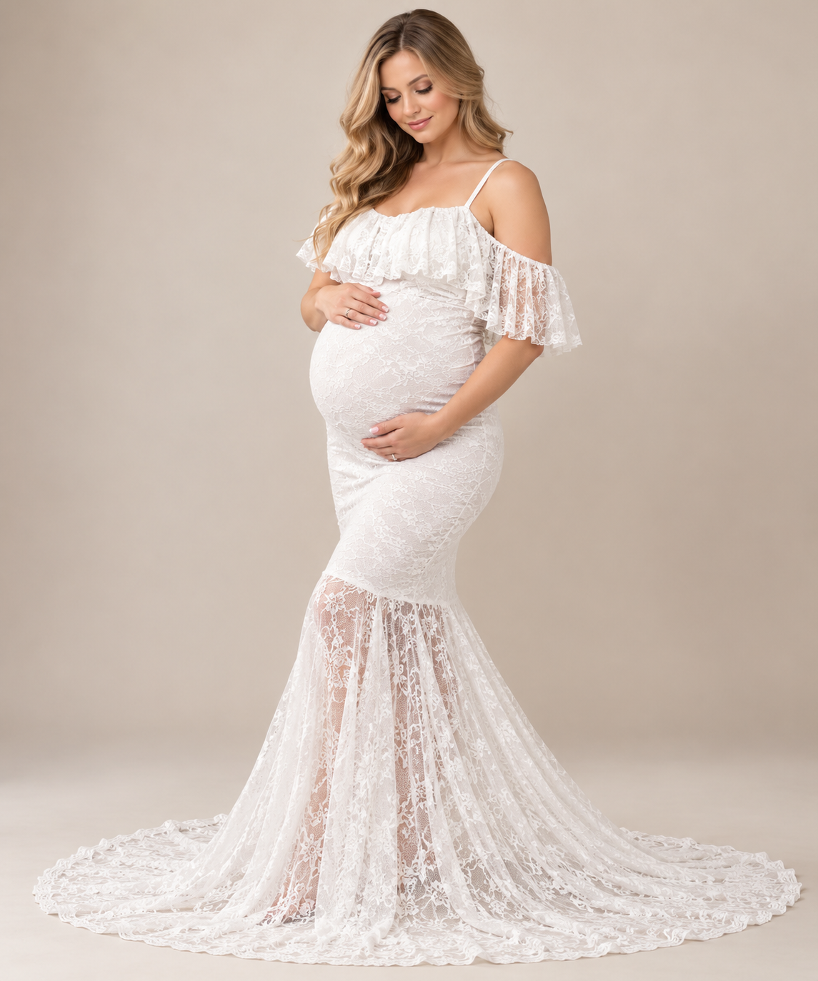 Elegant Blush Lace Maternity Dress in white