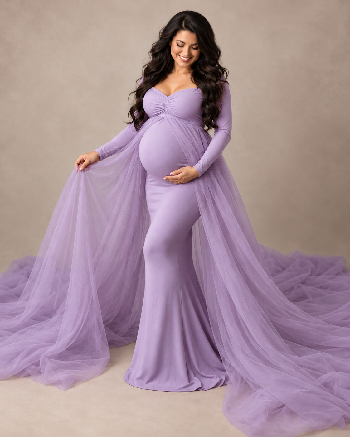 Long Sleeve Maternity Photoshoot Gown with Sheer Split Train